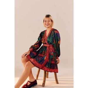 NWT FARM RIO Forest Tapestry Mini Wrap Dress Long Sleeve Colorful Bright Size M